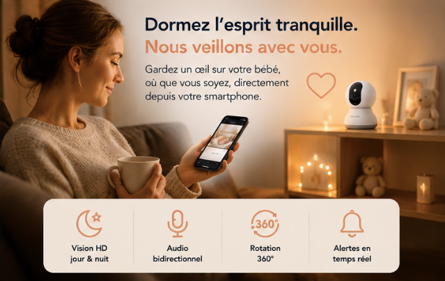Caméra Surveillance Bébé 360° avec Application